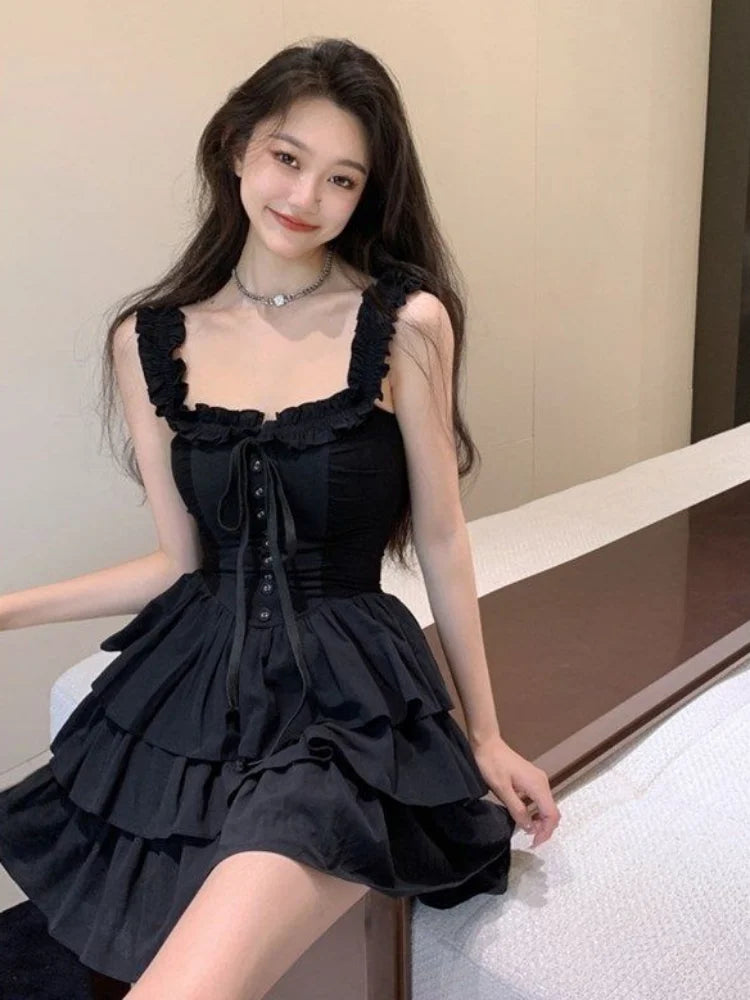 Gothic Goth Harajuku Sexy Slip Dress Ruffles Y2k Streetwear Dark Punk Cake Dresses Party Korean Fashion Summer