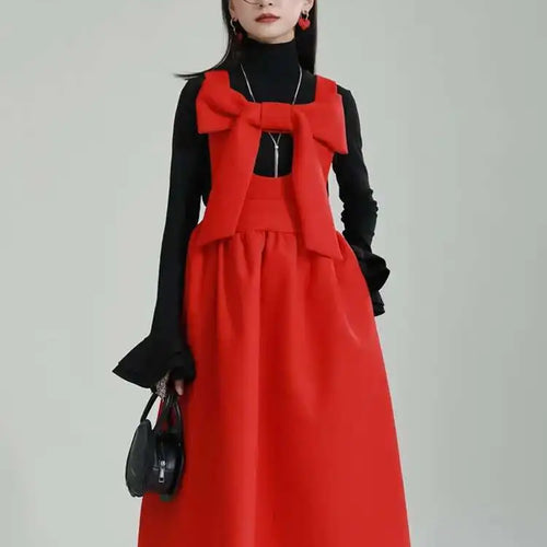 Load image into Gallery viewer, Women Gray Bow Bandage Spliced Long Elegant Woolen Dress New Sleeveless Loose Fit Fashion Tide Autumn Winter 2025 1DF3527
