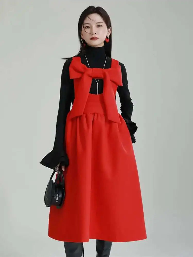 Women Gray Bow Bandage Spliced Long Elegant Woolen Dress New Sleeveless Loose Fit Fashion Tide Autumn Winter 2025 1DF3527