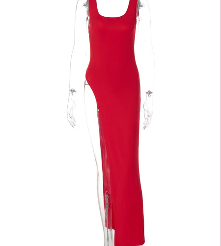 Fashion Solid Square Collar Straps Backless Slit Sexy Bodycon Maxi Dress Summer Women Y2K New Outfits Party Vacation