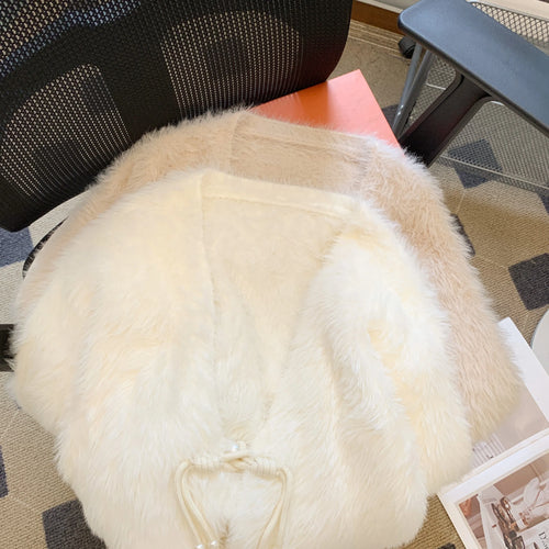 Load image into Gallery viewer, Autumn Winter Chinese Style White V Neck Elegant Knitted Cardigan Tops Women Beige Single Breasted Long Sleeve Mink Sweater Chic
