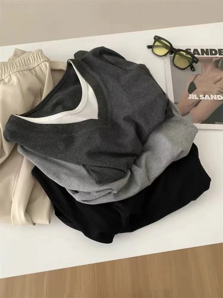 Korean Fashion Women's Patchwork Round Neck Versatile Cotton T Shirt Autumn Long Sleeves Vacation Pullovers Tops Casual Simple