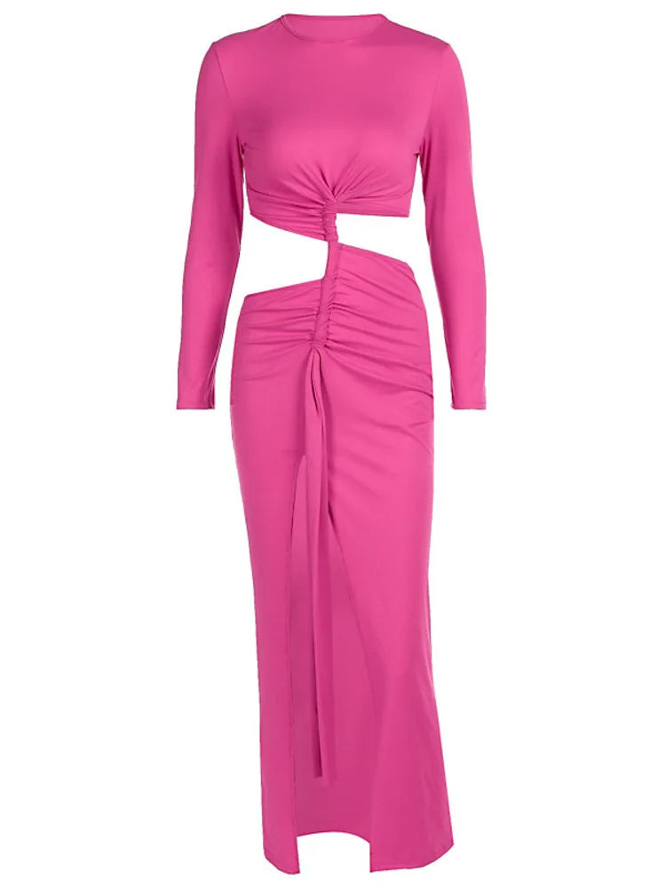 Elegant Long Sleeved Irregular Bodycon Party Evening Dress Women 2025 Winter New Temperament Pleated High Slit Vestido