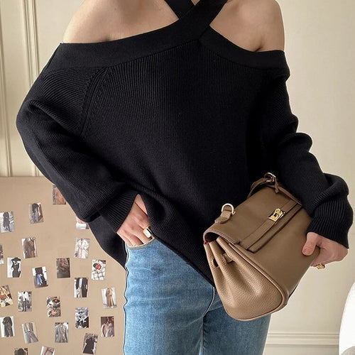 Load image into Gallery viewer, Solid Loose Knitting Sweaters For Women Halter Long Sleeves Cold Shoulder Temperament Sweater Female Fashion
