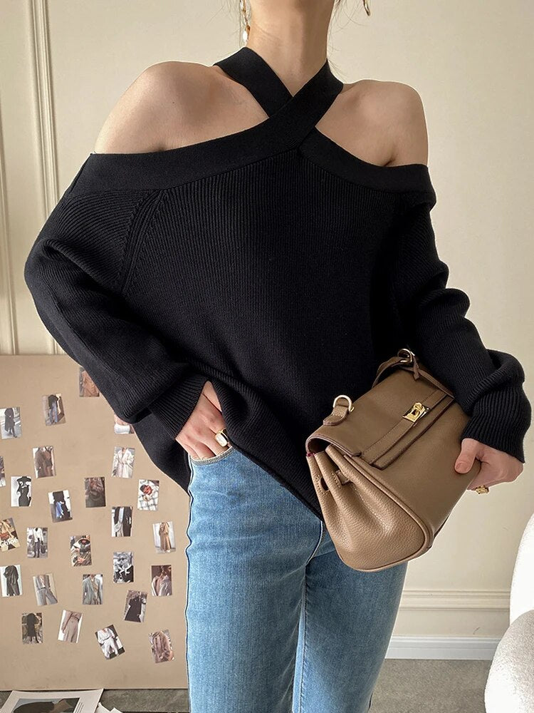 Solid Loose Knitting Sweaters For Women Halter Long Sleeves Cold Shoulder Temperament Sweater Female Fashion