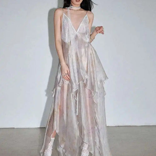 Load image into Gallery viewer, Women Lace Perspective Irregular Elegant Long Party Dress New V-Neck Sleeveless Fashion Tide Spring Summer 2025 1DH7527
