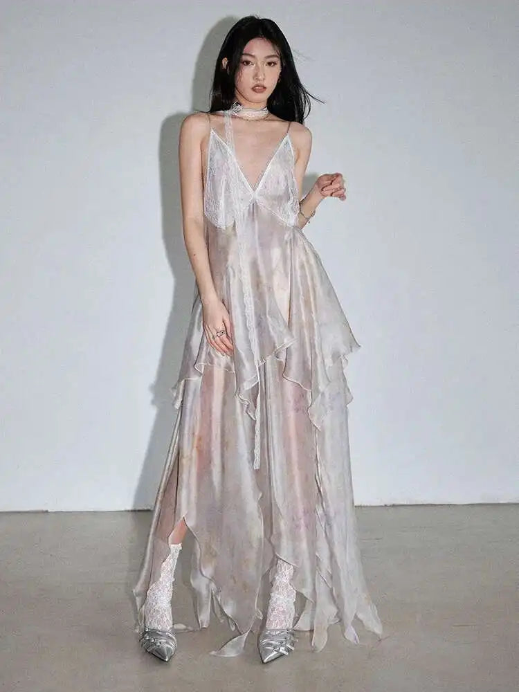 Women Lace Perspective Irregular Elegant Long Party Dress New V-Neck Sleeveless Fashion Tide Spring Summer 2025 1DH7527