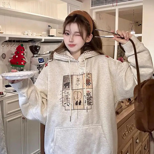 Load image into Gallery viewer, Autumn Winter 2025 Beige Velvet Embroidered Elegant Pullover Fashion Short Hooded Sweatshirt Women Trendy Long Sleeve Tops Retro
