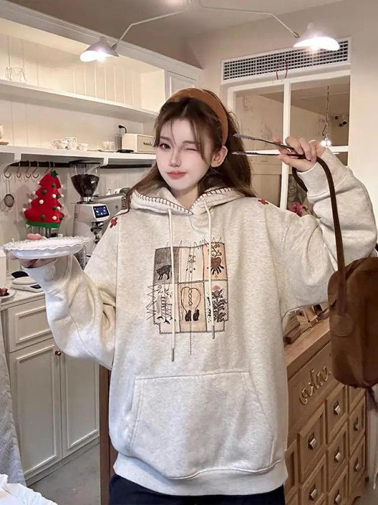 Autumn Winter 2025 Beige Velvet Embroidered Elegant Pullover Fashion Short Hooded Sweatshirt Women Trendy Long Sleeve Tops Retro