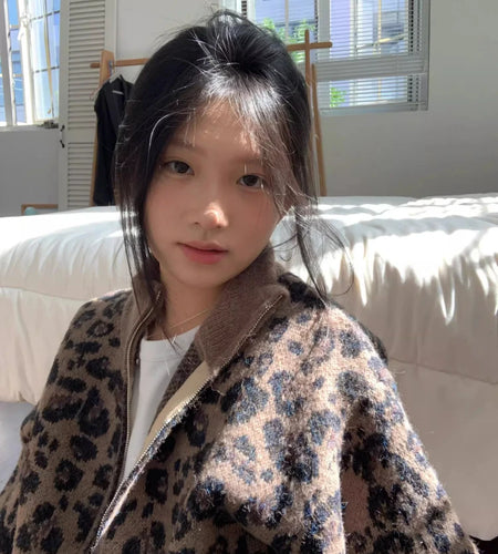 Y2k Aesthetic Leopard Print Casual Cardigans 2025 Women Vintage Stand Neck Knitwear Tops Harajuku Loose Grunge Patchwork Sweater