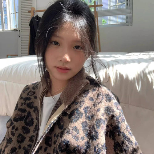 Load image into Gallery viewer, Y2k Aesthetic Leopard Print Casual Cardigans 2025 Women Vintage Stand Neck Knitwear Tops Harajuku Loose Grunge Patchwork Sweater
