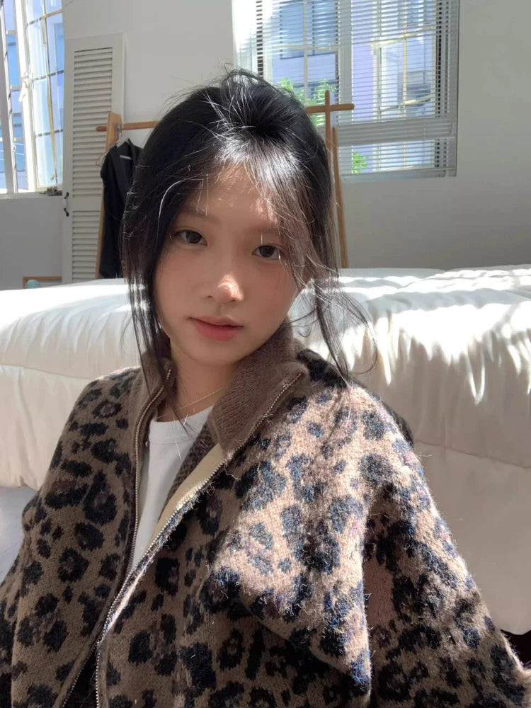 Y2k Aesthetic Leopard Print Casual Cardigans 2025 Women Vintage Stand Neck Knitwear Tops Harajuku Loose Grunge Patchwork Sweater