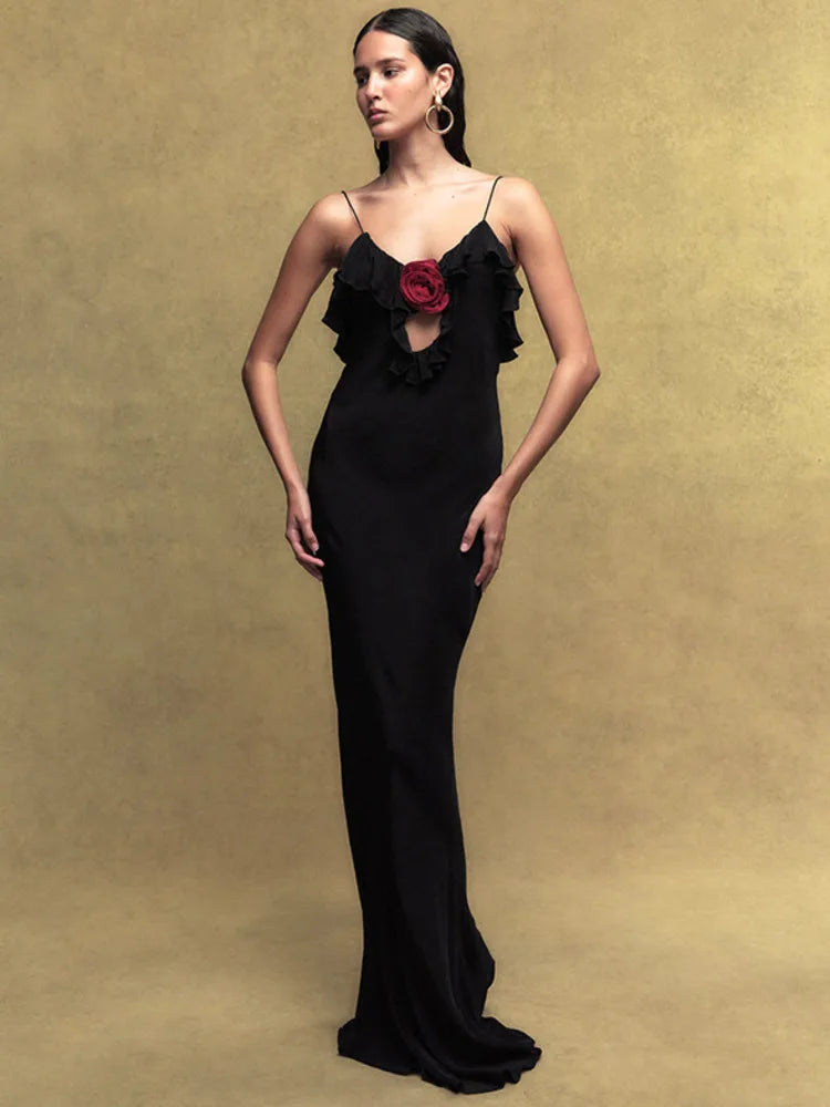 Rose Polka Dot Maxi Dress For Women Gown Spaghetti Strap Off-shoulder Sleeveless Backless Elegant Evening Club Dress