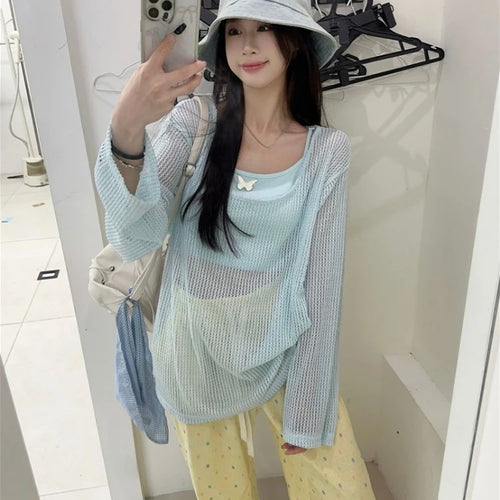 Load image into Gallery viewer, Summer Two Pieces Set  Y2k Aesthetic Casual Oversized Knitted Hollow Out T-shirt + Women Streetwear Butterfly Grunge Camisole
