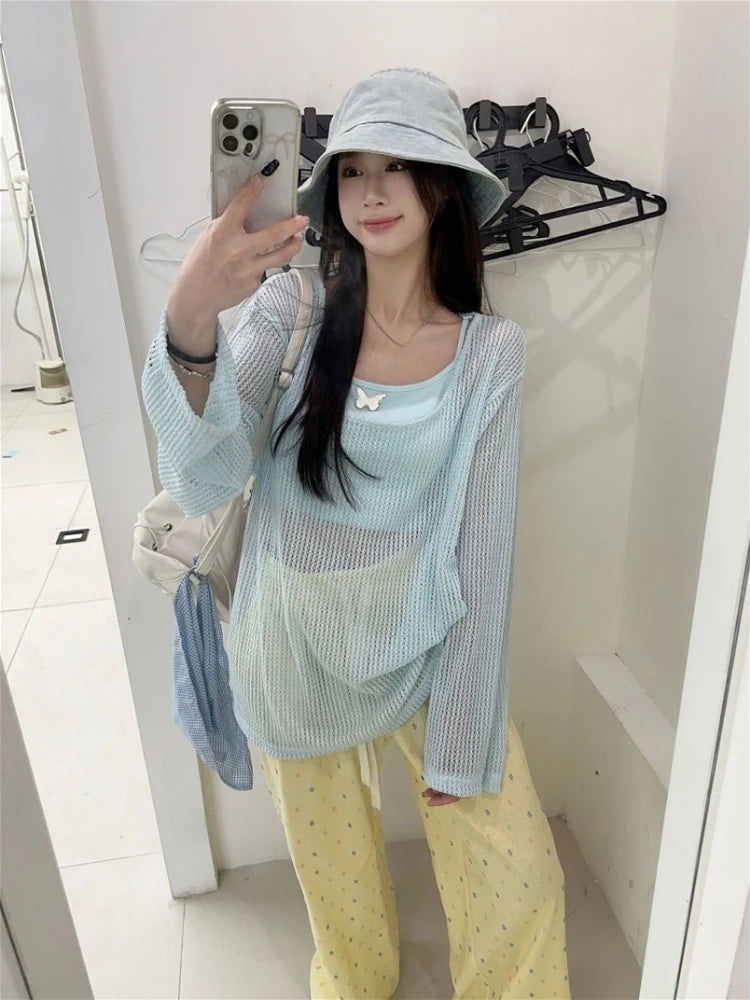 Summer Two Pieces Set  Y2k Aesthetic Casual Oversized Knitted Hollow Out T-shirt + Women Streetwear Butterfly Grunge Camisole