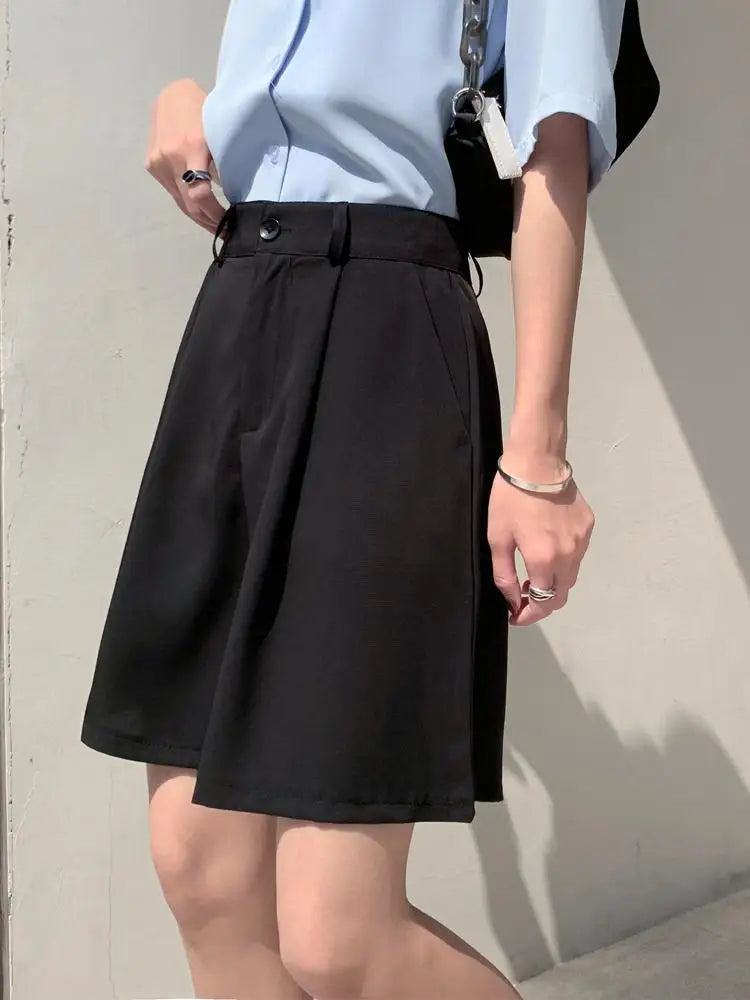 Summer New Black Blue Loose High Waist Wide Leg Pleated Shorts Korean Version Women Gray Office Short Pant Casual Fashion Simple