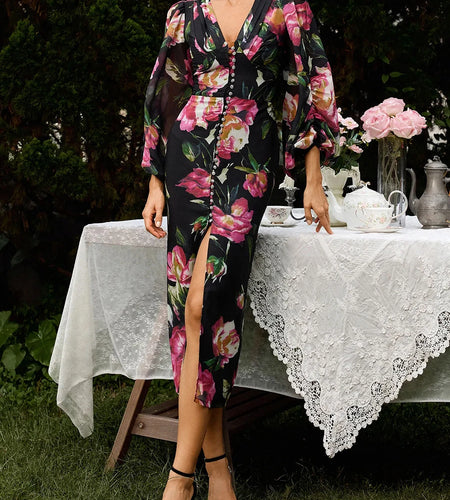 Hit Color Slimming Spliced Button Dresses For Women V Neck Long Sleeve High Waist Temperament Long Dress Female New