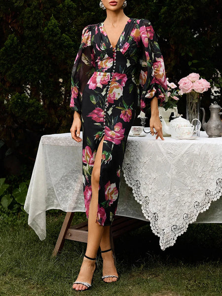 Hit Color Slimming Spliced Button Dresses For Women V Neck Long Sleeve High Waist Temperament Long Dress Female New