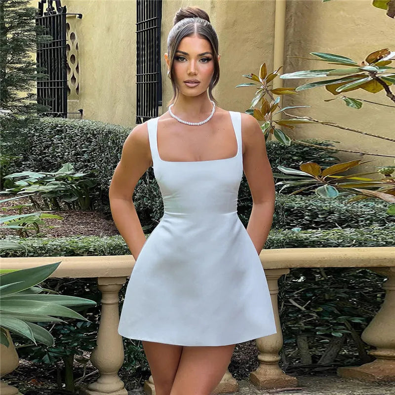 Satin Square Collar Backless Sexy Mini Dress For Women Solid Color Sleeveless A-line Bodycon Club Party Dress Elegant