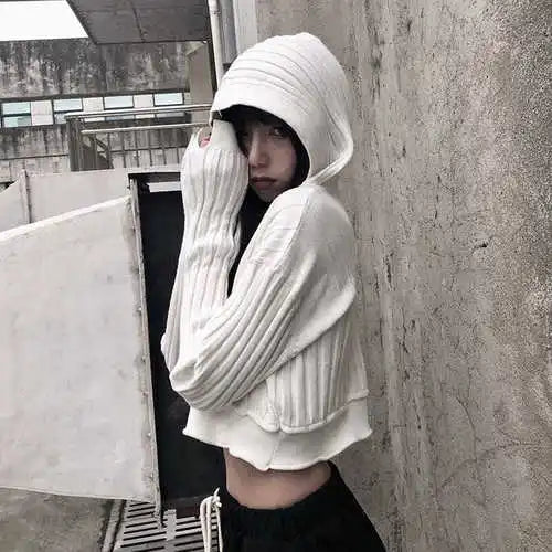 Load image into Gallery viewer, Harajuku Black White Sweater Cropped Cardigan Women Korean Fashion Streetwear Jumper Female Autumn Hoody Knitted Top
