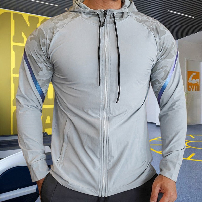 Men Running Sport Hoodies Gym Fitness Long Sleeve Sweatshirt Compression Training Bodybuilding Coat Outdoor Hooded Jacket Tops