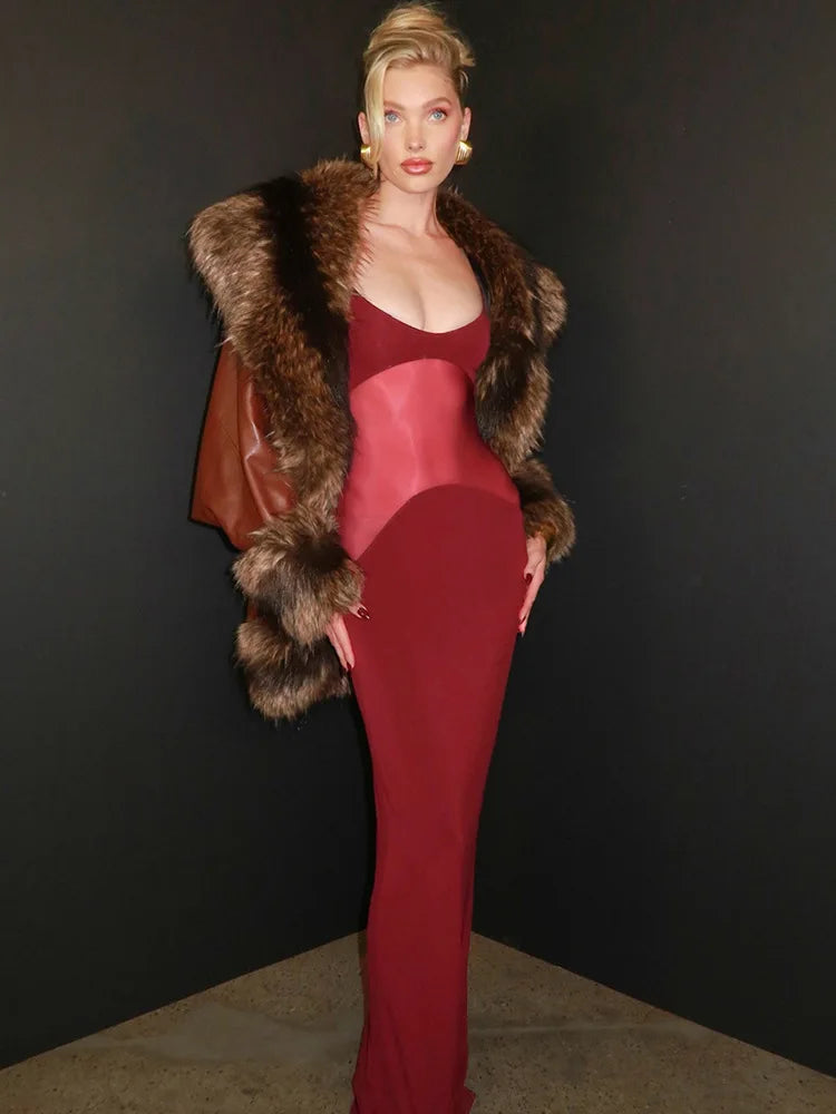 Mesh Patchwork Sexy Maxi Dress For Women Gown Spaghetti Strap Sleeveless Backless Bodycon Elegant Club Long Dress