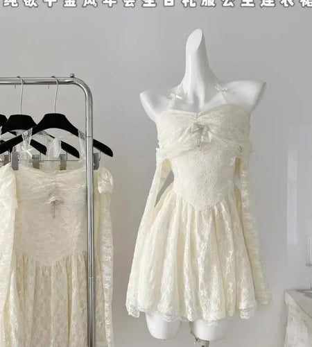 Vintage Women New Beige Lace Long Sleeve Halter Lace-up Princess Dress Autumn Elegant Sexy Backless Birthday Party Short Dresses