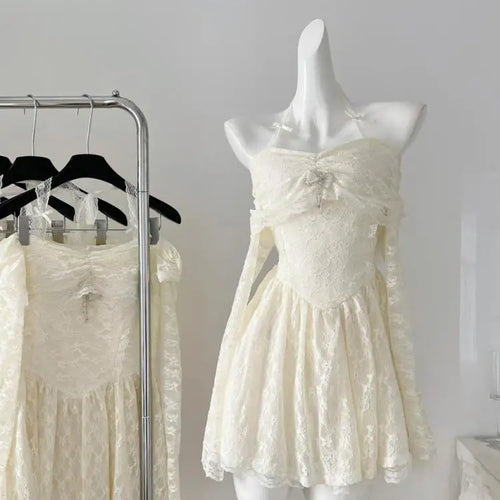 Load image into Gallery viewer, Vintage Women New Beige Lace Long Sleeve Halter Lace-up Princess Dress Autumn Elegant Sexy Backless Birthday Party Short Dresses
