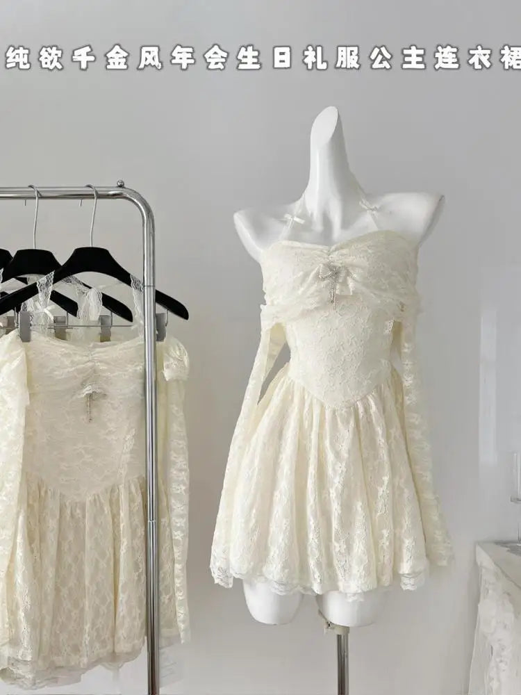 Vintage Women New Beige Lace Long Sleeve Halter Lace-up Princess Dress Autumn Elegant Sexy Backless Birthday Party Short Dresses