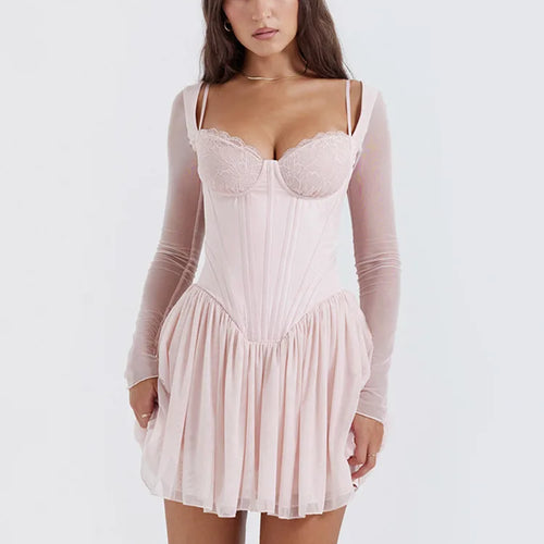 Load image into Gallery viewer, Lace Mesh Backless Sexy Mini Dress For Women Zipper Fishbone Square Collar Long Sleeve Ruched Club Party Dress New
