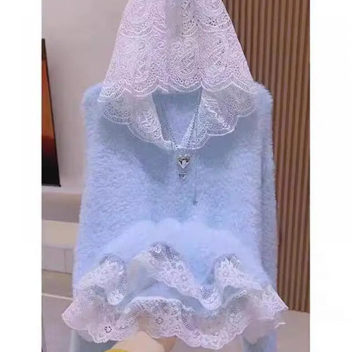 Load image into Gallery viewer, Autumn Winter Retro Patchwork Lace Hooded Elegant Warm Short Knitted Pullover Mink Sweater Women's Long Sleeved Tops Streetwear
