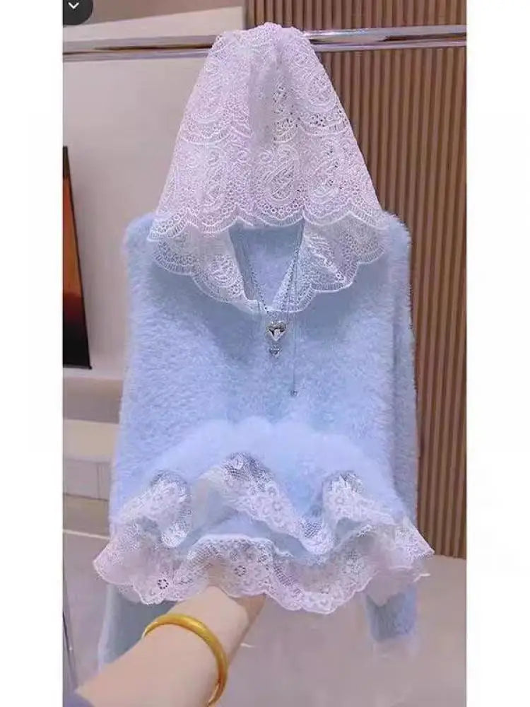 Autumn Winter Retro Patchwork Lace Hooded Elegant Warm Short Knitted Pullover Mink Sweater Women's Long Sleeved Tops Streetwear