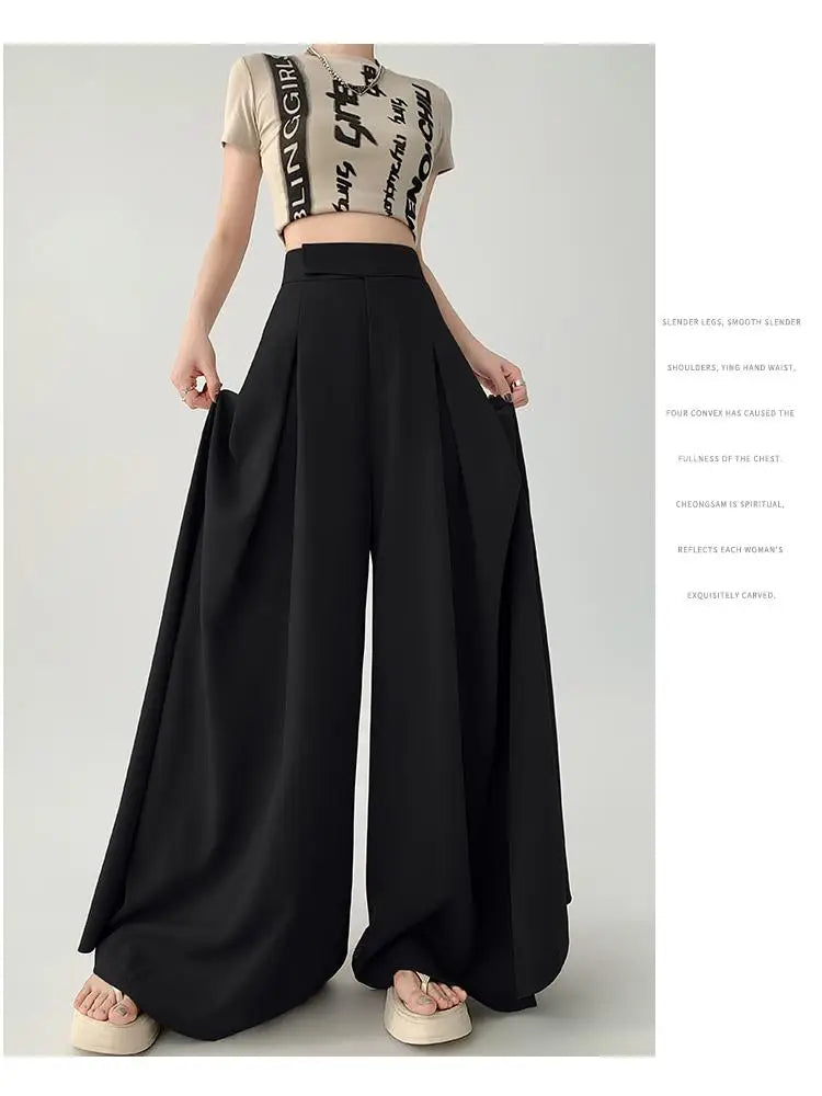 Women Black Elegant Wide Leg Long Pant Summer Brown High Waist Baggy Pleated Trousers Gray Pockets Fashion Simplicity Fashion