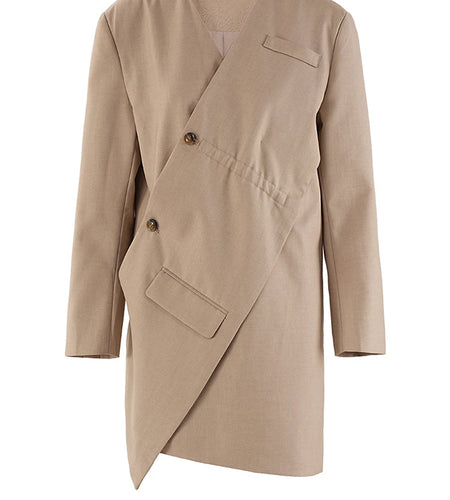 Women Khaki Irregular Button Slit Elegant Big Size Blazer New Lapel Long Sleeve Jacket Fashion Spring Autumn 2025 CPDB247