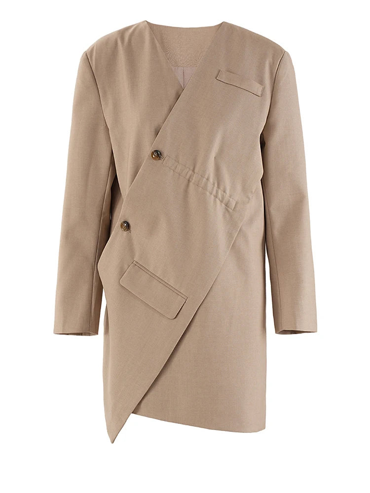 Women Khaki Irregular Button Slit Elegant Big Size Blazer New Lapel Long Sleeve Jacket Fashion Spring Autumn 2025 CPDB247