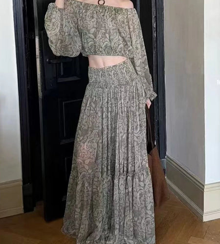 Printing Sheer Spliced Folds Two Piece Sets for Women Slash Neck Long Sleeves T Shirt High Waist Skirt Set Female