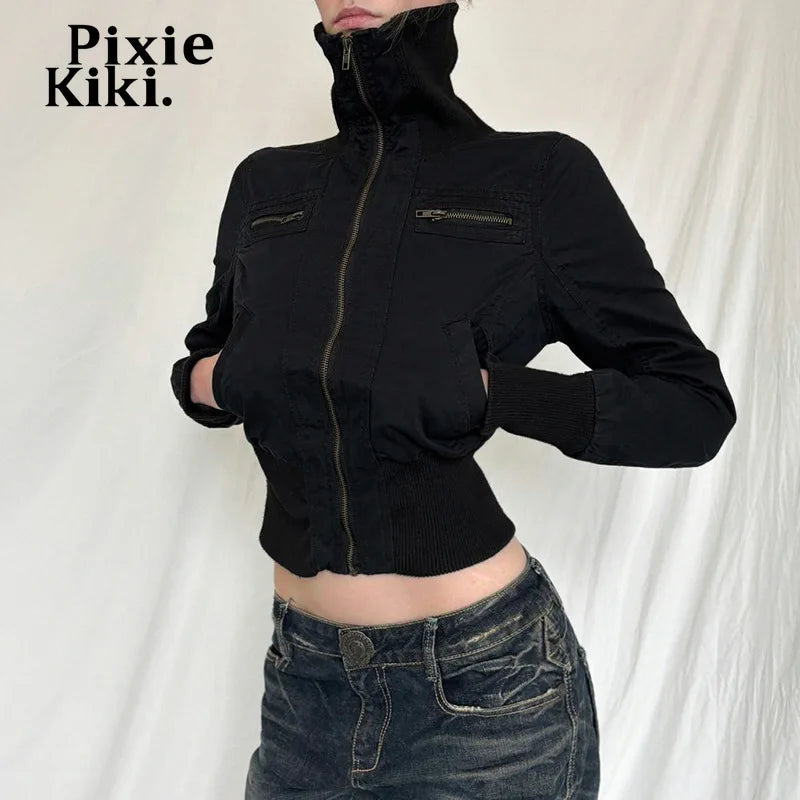 Y2k Grunge Jacket Black Turtleneck Zipper Cropped Jackets Coats 2024 Fall Winter Clothes for Womens Outerwear P67-EI25