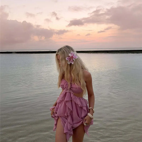 Load image into Gallery viewer, Rose Halter Backless Sexy Mini Dress Women Pink Off-shoulder Strapless Sleeveless High Waist Club Party Beach Dress
