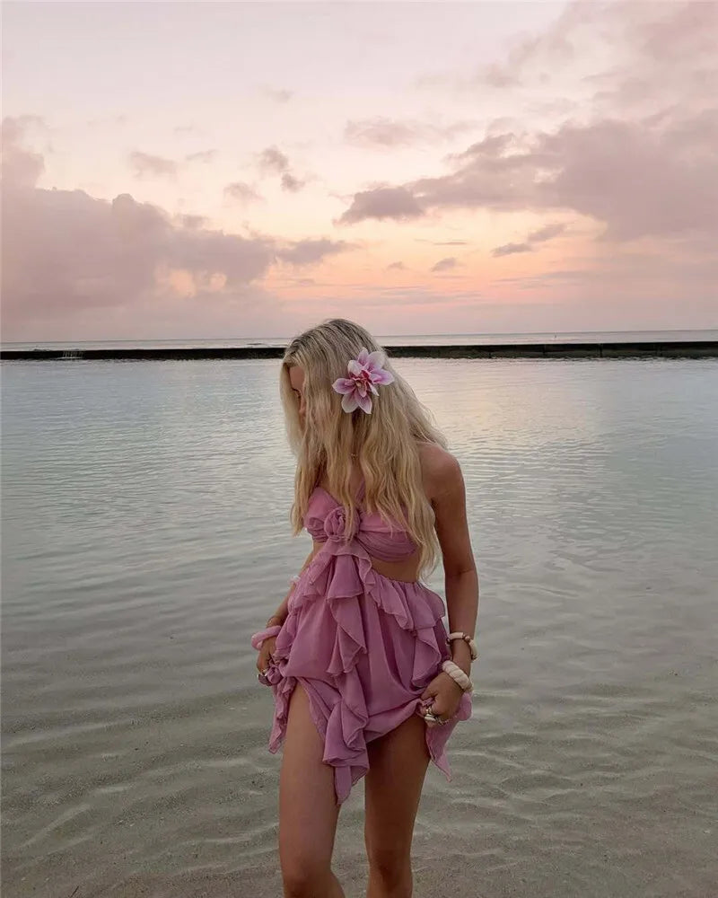 Rose Halter Backless Sexy Mini Dress Women Pink Off-shoulder Strapless Sleeveless High Waist Club Party Beach Dress