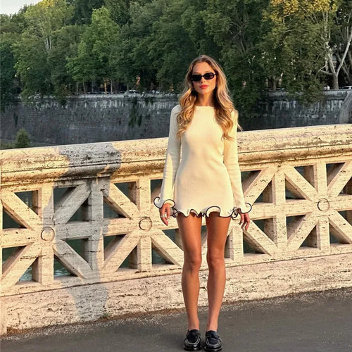 Load image into Gallery viewer, Long Sleeve Knit Mini Dress For Women Pullovers Sweater Dress Autumn Winter New Contrast Color O Neck Ruffled Dress
