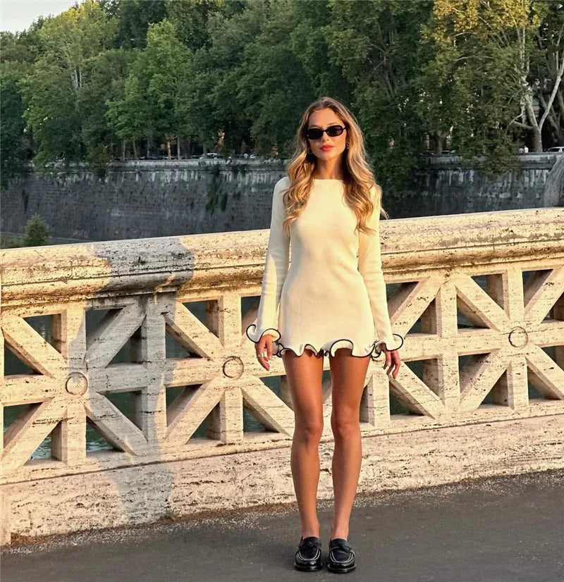 Long Sleeve Knit Mini Dress For Women Pullovers Sweater Dress Autumn Winter New Contrast Color O Neck Ruffled Dress
