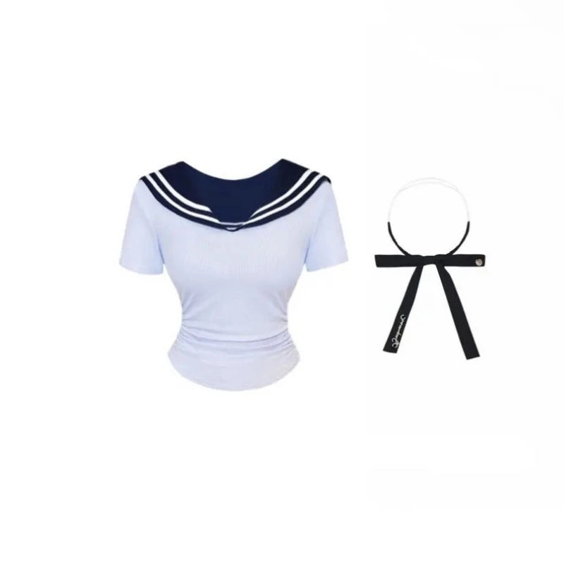Preppy Style Two Pieces Set Women Patchwork Sailor Collar Grunge T-shirt + Y2k Aesthetic Mini Pleated Skirts Harajuku Outfits