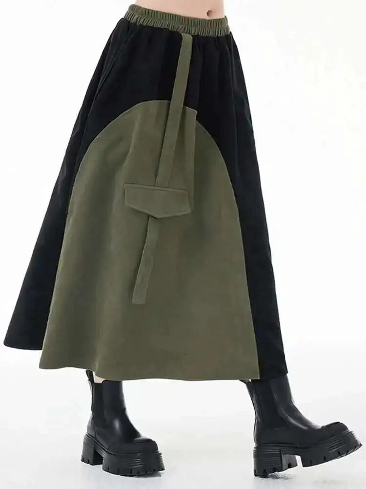 High Elastic Waist Color-block Asymmetric Green A-line Half-body Skirt Women Fashion Tide New Spring Autumn 2025 1DH3872