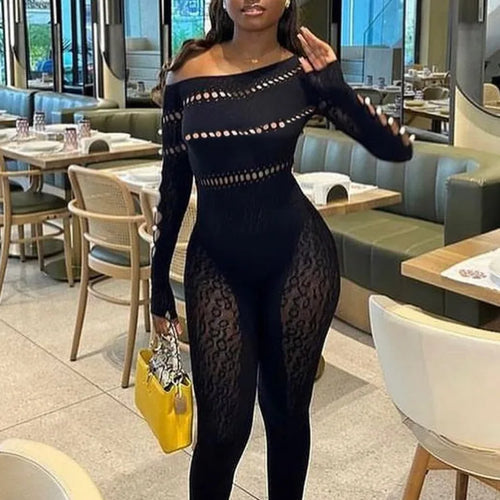 Load image into Gallery viewer, Sexy Long Sleeved Mesh Hollow Out Patch Women Jumpsuit 2024 Fall New Elastic Tight Fitting Female Street Club Clothing
