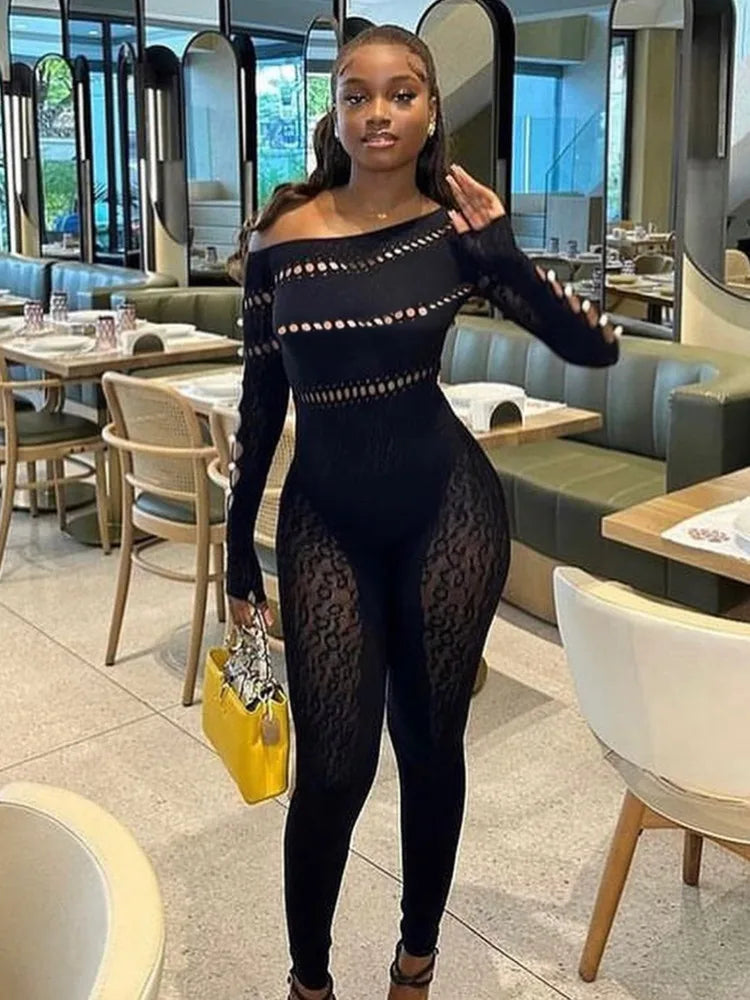 Sexy Long Sleeved Mesh Hollow Out Patch Women Jumpsuit 2024 Fall New Elastic Tight Fitting Female Street Club Clothing