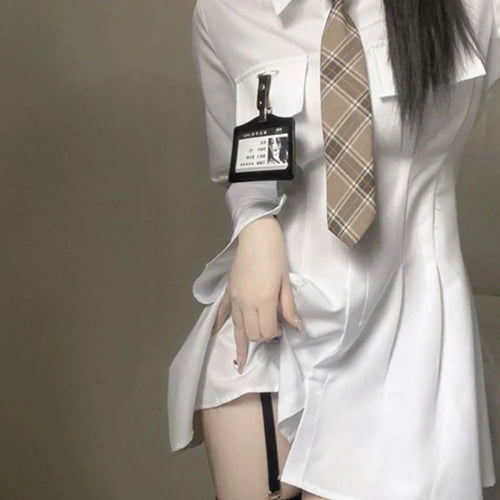 Load image into Gallery viewer, Classic White Shirt Dress Women Wrap Slim Design Polo Short Dresses Korean Fashion Kpop Spring with Tie
