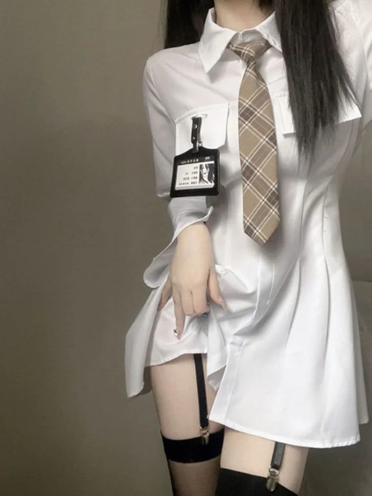 Classic White Shirt Dress Women Wrap Slim Design Polo Short Dresses Korean Fashion Kpop Spring with Tie