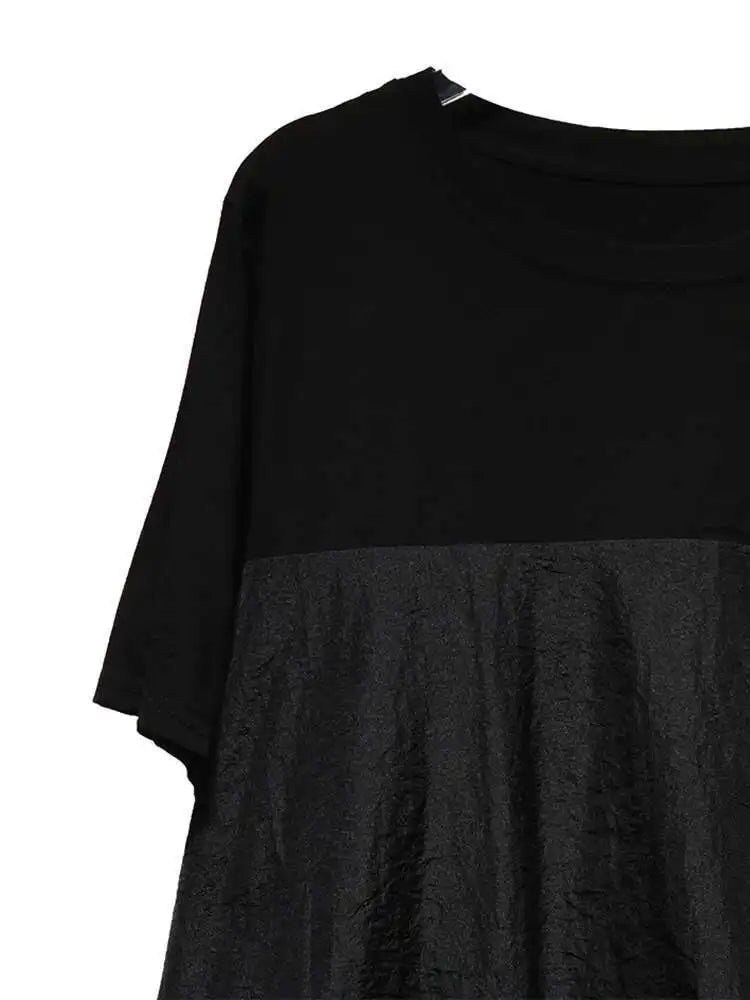 Women Black Drawstring Pocket Big Size Midi Dress New Round Neck Shhort Sleeve Fashion Tide Spring Summer 2025 1DJ0773