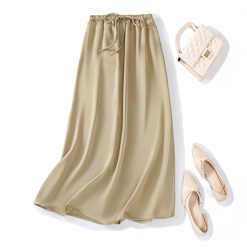 French Retro Solid Elegant Women Bandage Long Skirts Korean Fashion Pleated A-line Skirt Spring Autumn Office Wrapped Hip Skirt