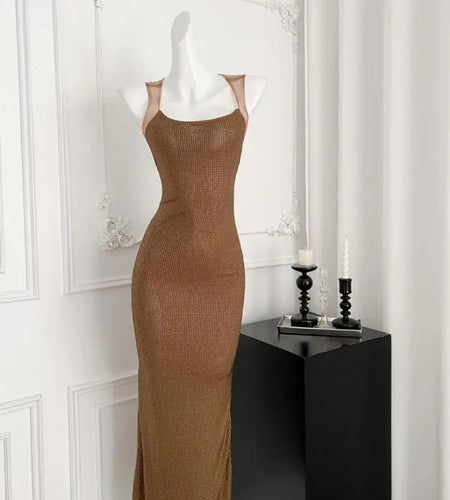 Korean Vintage Women's Khaki Elegant Holiday Backless Slip Long Dresses Summer Brown Diamond Sleeveless Party Evening Dress New